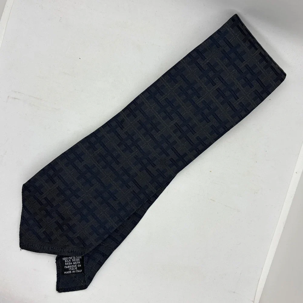 Vintage Chanel Paris Silk Tie Navy Blue Woven Basketweave Pattern Made in Italy